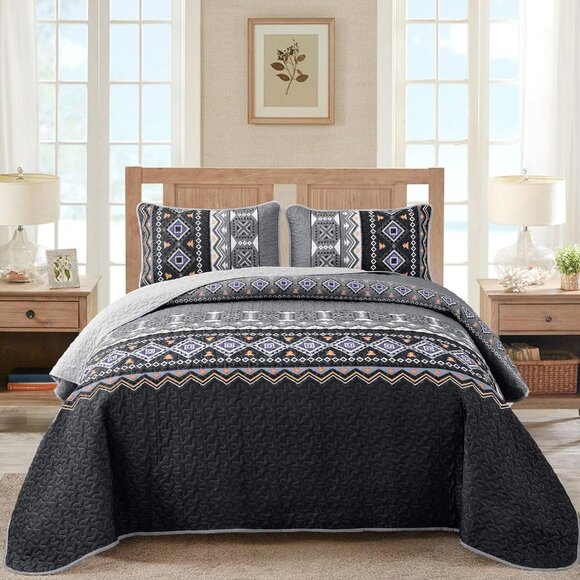 New Boho Aztec Black & Grey 3 PC Bedding 100% Polyester Quilt Set • KING Size - Picture 2 of 6